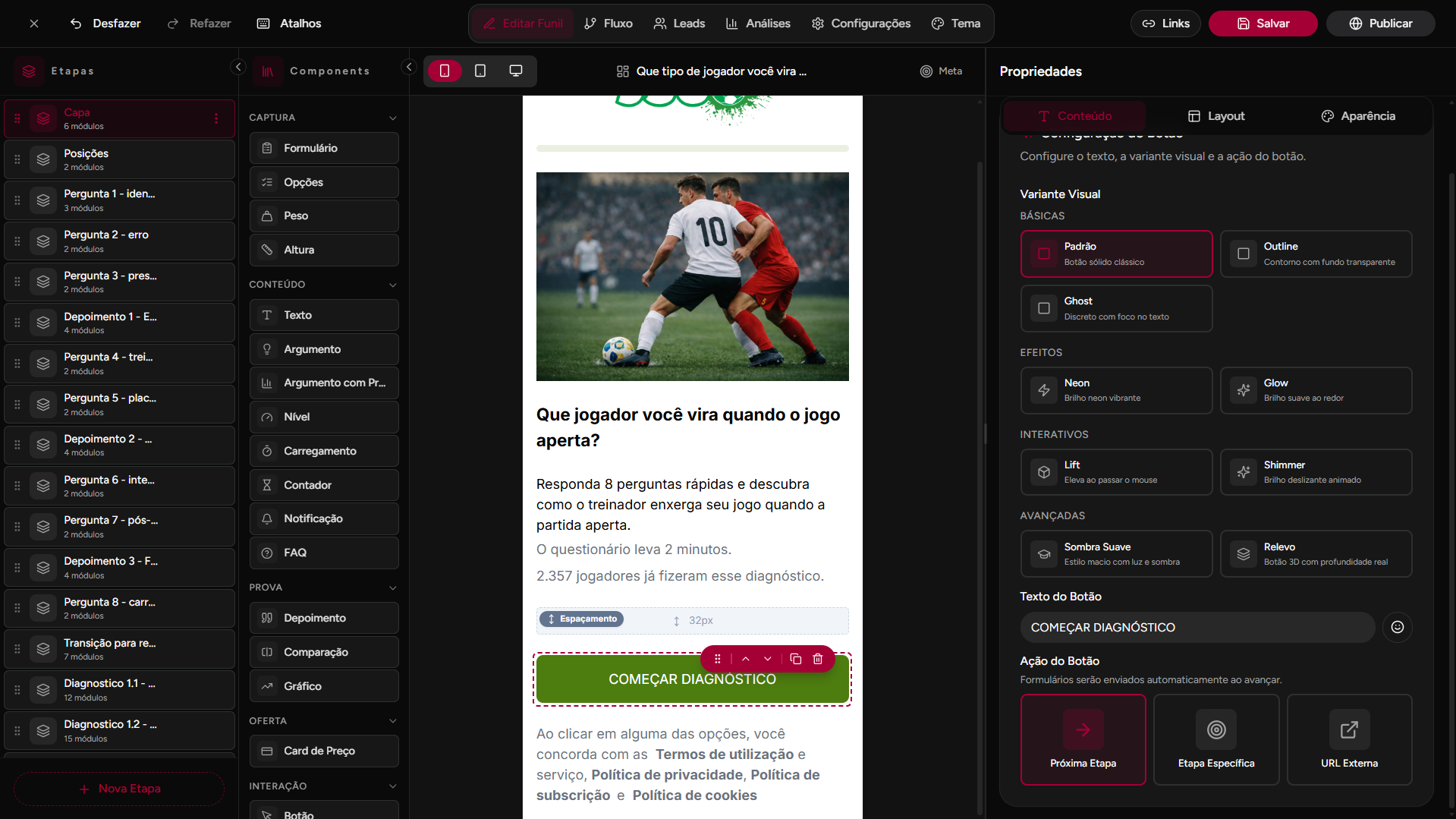 Builder visual de funis de quizzes
